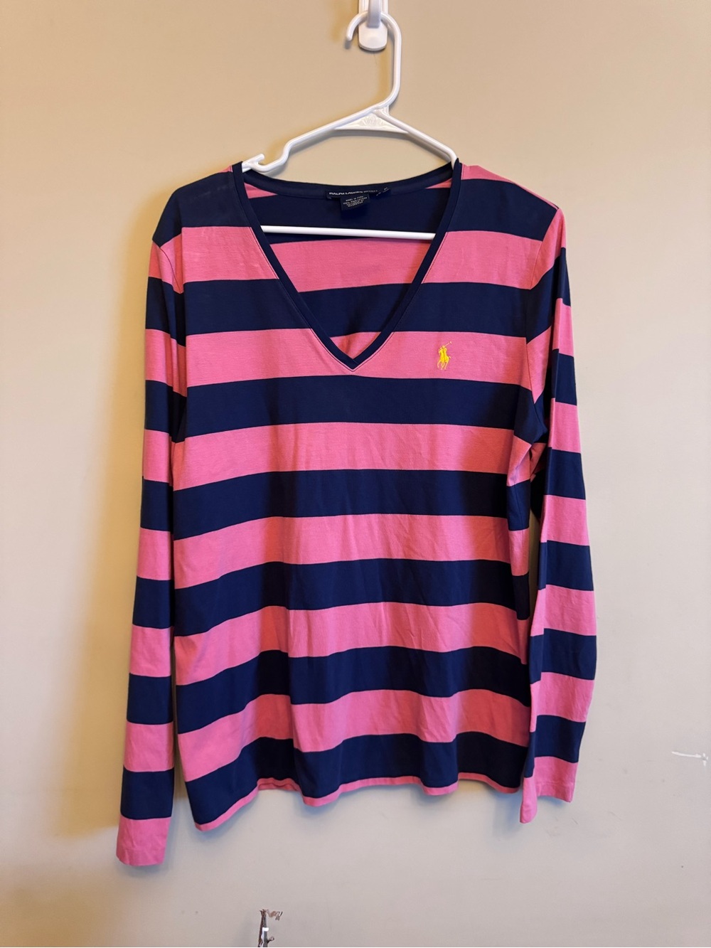 Ralph Lauren Navy and Pink Striped V-Neck Long Sleeve Top